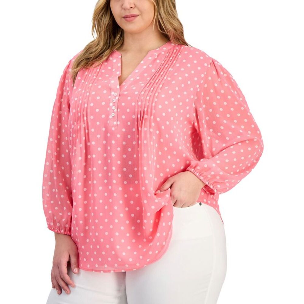 Tommy Hilfiger Womens Plus Size Dot Print Pintuck 3/4-Sleeve Top 1X Peony/Ivory